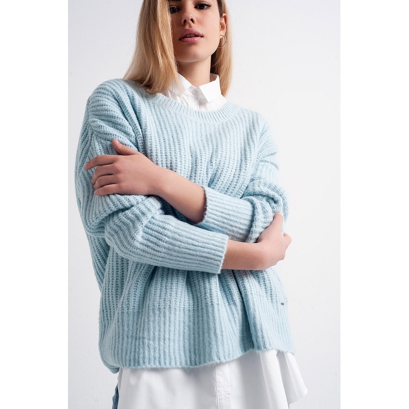 Turquoise Round Neck Boyfriend Sweater