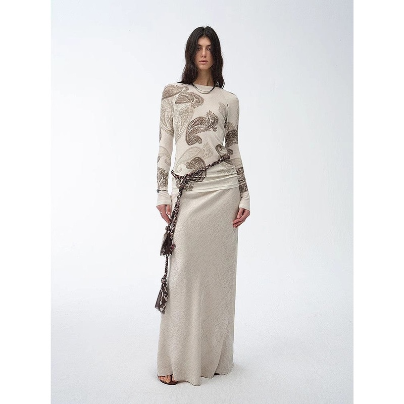 “Vintage Gene” Tencel Wool Original Cashew Print Round Neck Slim Long Sleeve T-Shirt Top