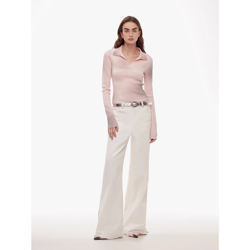 Vintage Style Curved Split Design Enzyme Wash Process Wide-Leg Micro-Lapel Mid-Low Waist Denim Pants