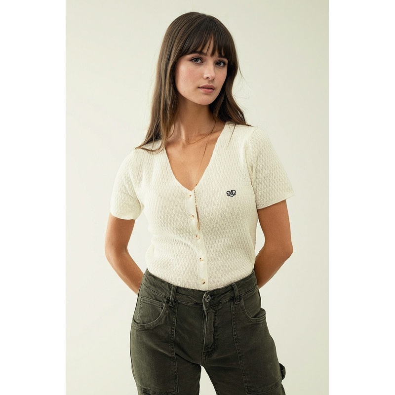 White Cardigan With Short Sleeves And Front Closure With Button