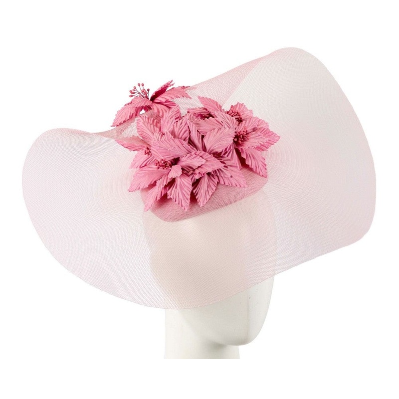 Wide brim dusty pink fascinator hat by Fillies Collection