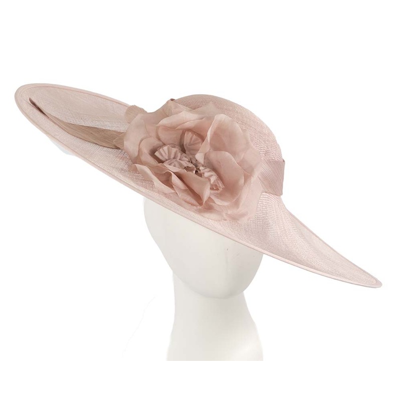 Wide brim pink designers hat by Cupids Millinery Melbourne