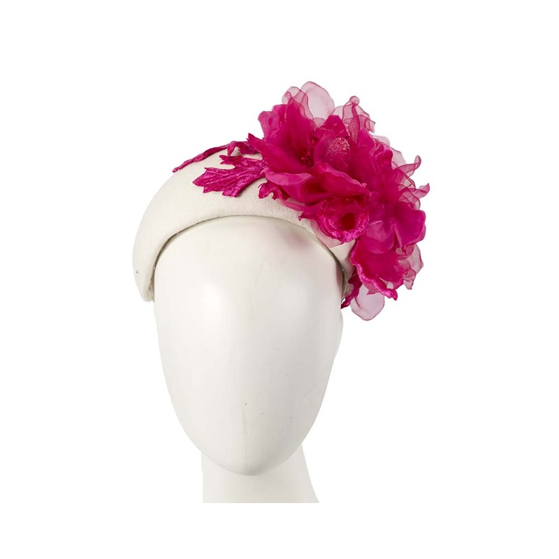 Wide cream headband with fuchsia silk flower