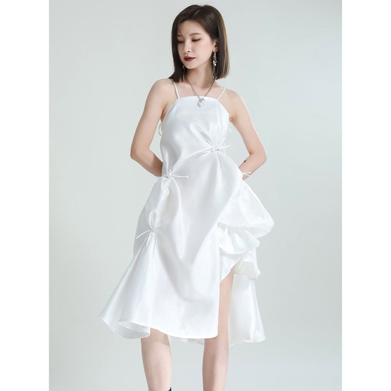 Amida Pillowy Spaghetti Strap Dress – White