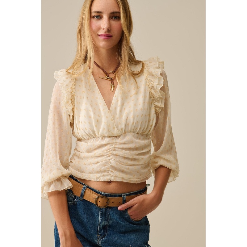 Beige Blouse With Golden Dots And Frill Details