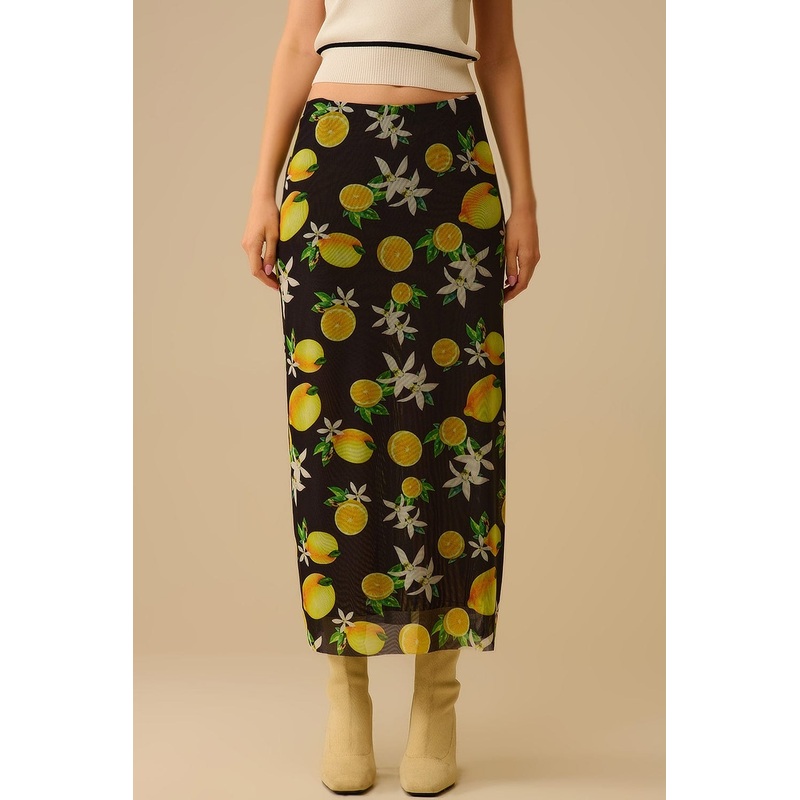 Black Fitted Midi Skirt With Lemon Print In Mesh Fabric