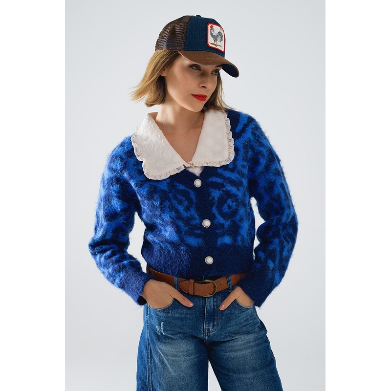 Blue Leopard Print Cardigan Made Of Knitted Fabric With Wool