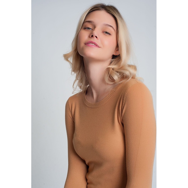 Camel Plain Crew Neck Knit Jumper
