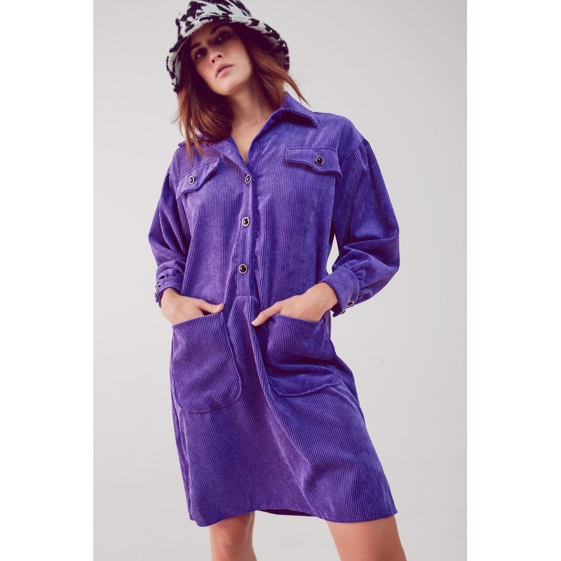 Cord Mini Shirt Dress In Purple