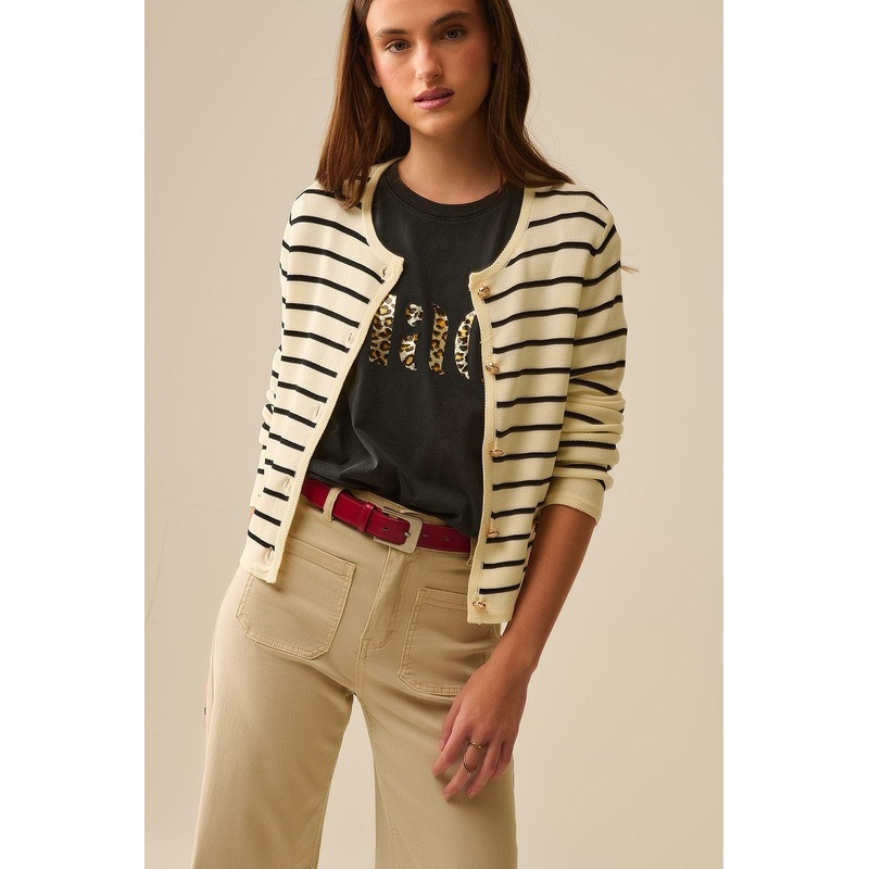Cream Cardigan With Black Stripes And Gold Buttons