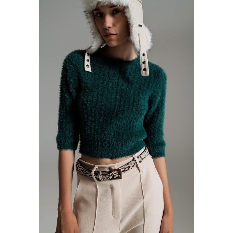 Dark Green Fluffy Knit Sweater With 3/4 Sleeves