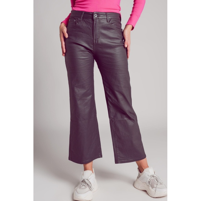 Faux Leather Wide Leg Trouser In Grey