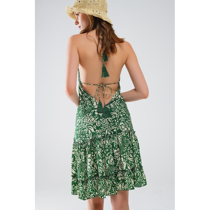 Green Short Boho Style Satin Flower Print Dress