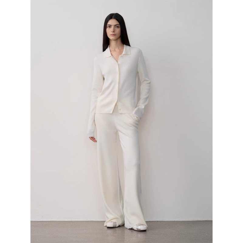“Lazy Urban” Yangtze Merino Wool Polo-Neck Cardigan Straight-Leg Knitted Pants Suit