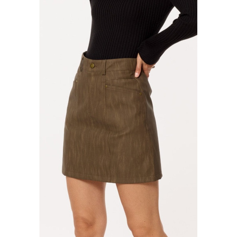 Leatherette Straight Mini Skirt In Brown With Pockets