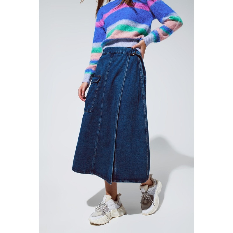 Maxi Wrap Denim Skirt With Pocket Detail