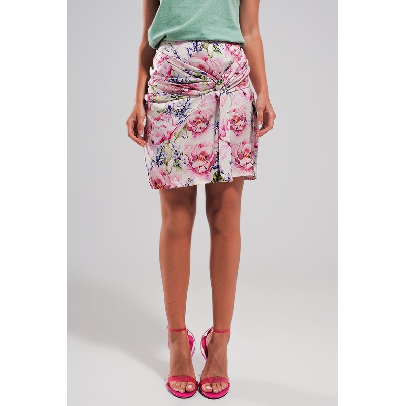 Mini Skirt With Knot Front In Pink Rose Print