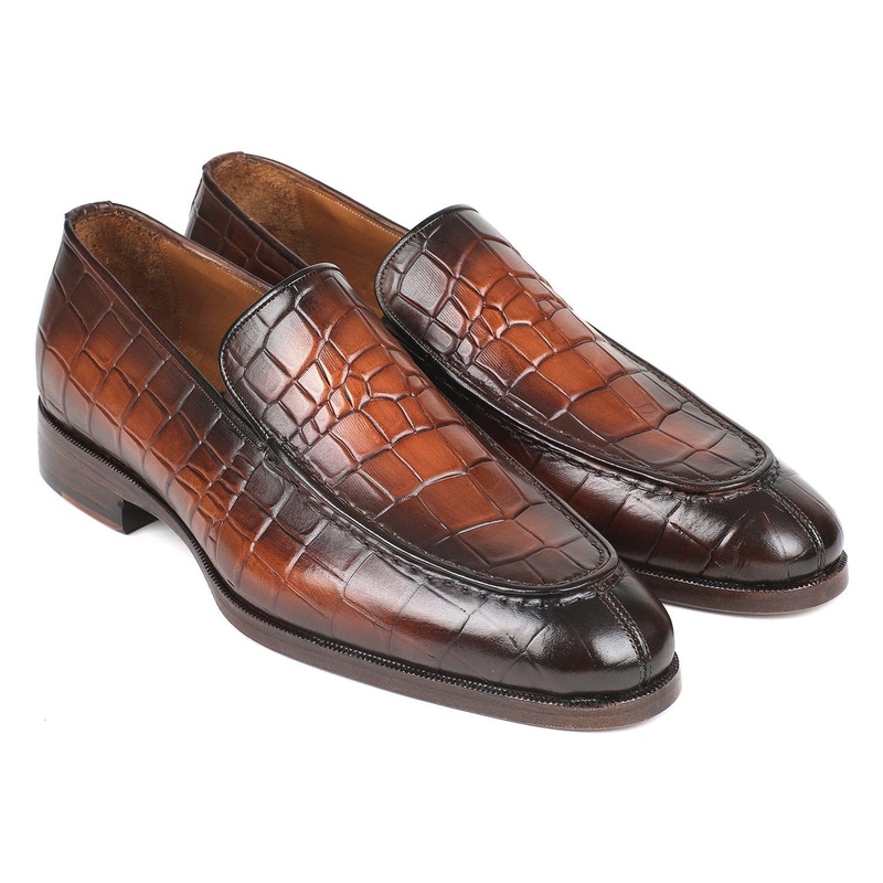 Paul Parkman Brown Burnished Crocodile Embossed Calfskin Loafer (ID#7339-BRW)
