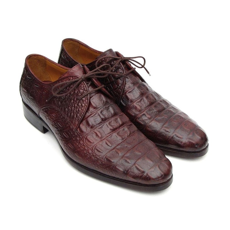 Paul Parkman Men’s Brown & Bordeaux Crocodile Embossed Calfskin Derby Shoes (ID#1438BRD)