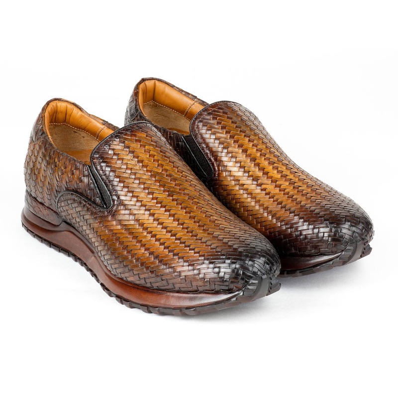 Paul Parkman Men’s Brown Woven Leather Slip-On Sneakers (ID#LW204BRW)