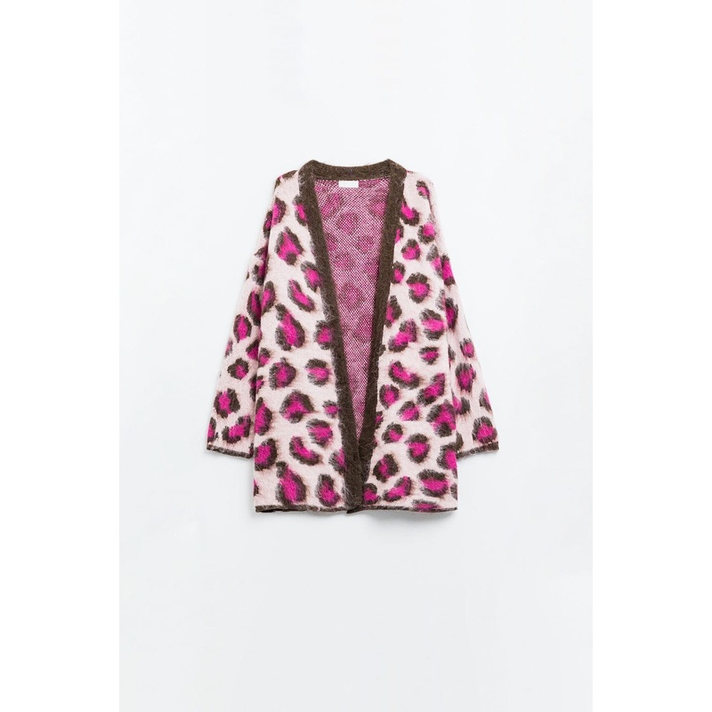 Pink Leopard Print Cardigan With Wool