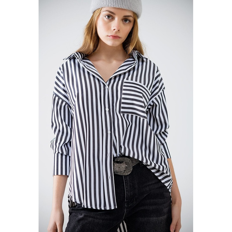 Poplin Shirt With Vertical Stripes In Black And Chest Pocket
