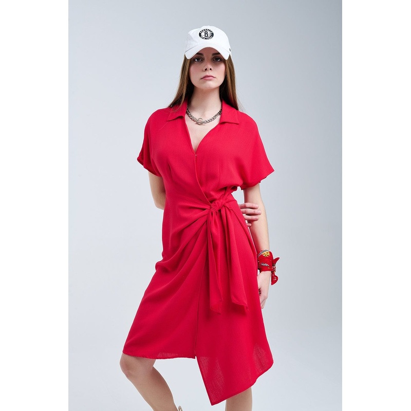 Red Midi Dress With Bow At The Side