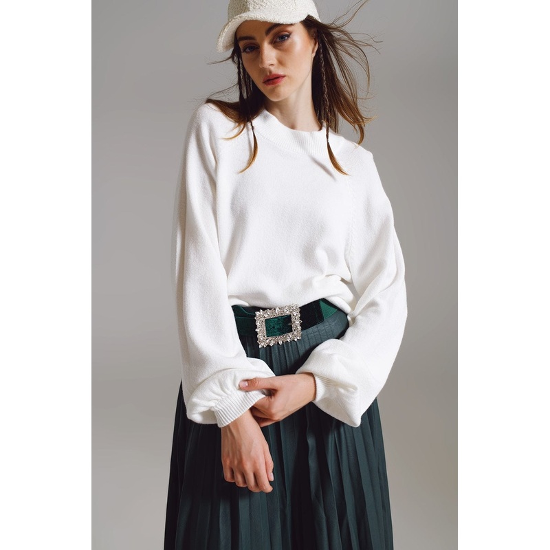 Relaxed Style White Jumper With Balloon Sleeves