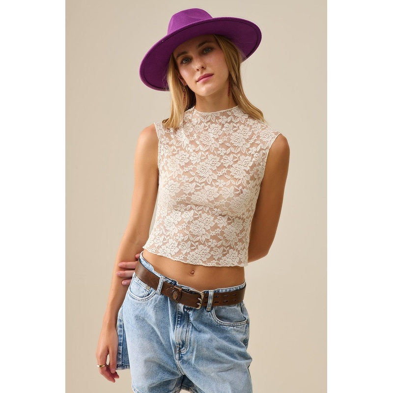Romantic Lace T-Shirt With Sleeveless In White