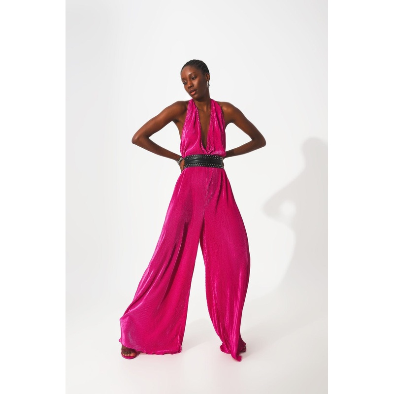 Satin Halter Neck Pleated Maxi Jumpsuit In Fuchsia