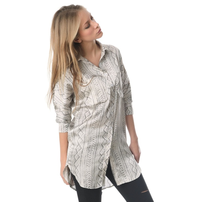 Satin Longline Shirt In Grey Abstract Print