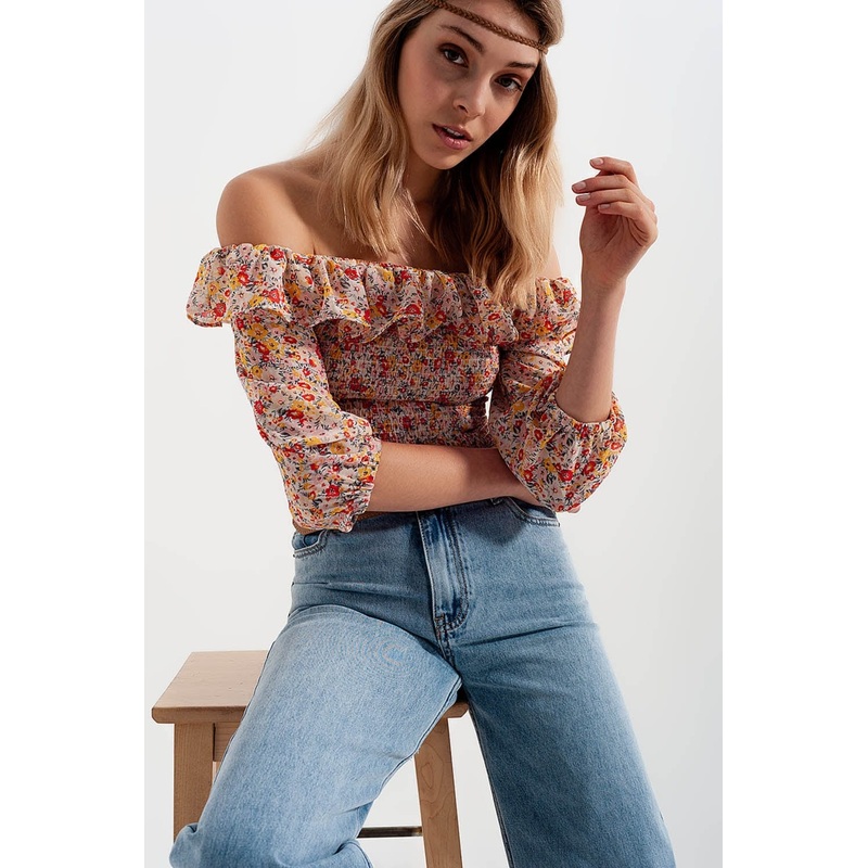 Shirred Off The Shoulder Top With Ruffle In Coral Floral Print