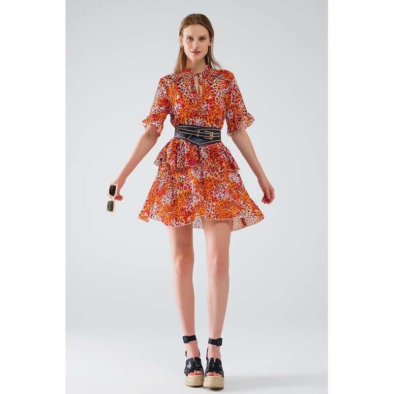 Short Dress With Animal Print In Orange And White