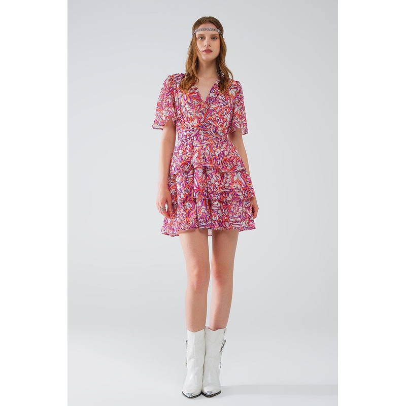 Short Multicolor Chiffon Dress With Floral Print And Ruched Design