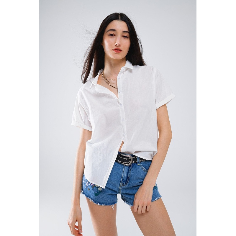 Short Sleeve Relaxed Button Up Shirt In White