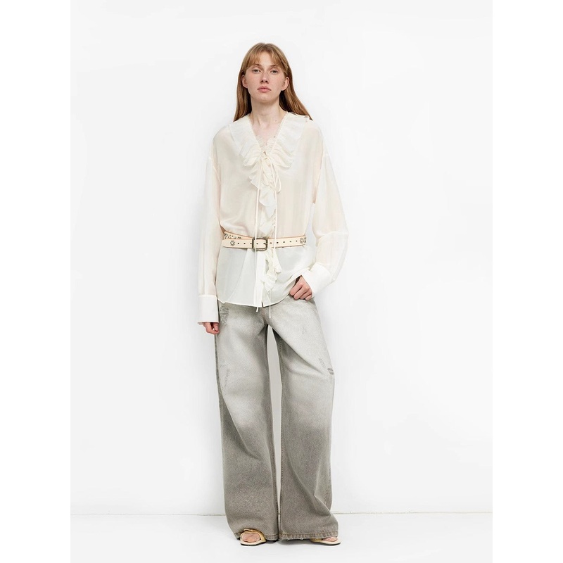 “Spring Wings” Acetate Mulberry Silk French Romantic Fungus-Edged Flowing Collarless Pleated Silhouette Shirt