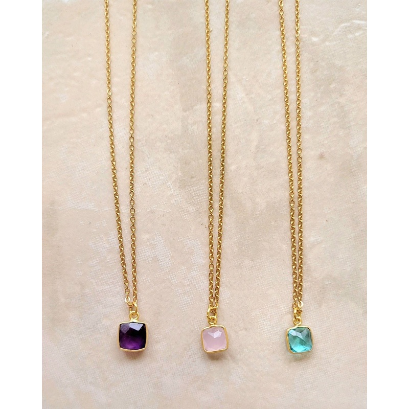 Square Gemstone Necklace in Amethyst, Blue Topaz, or Pink Chalcedony