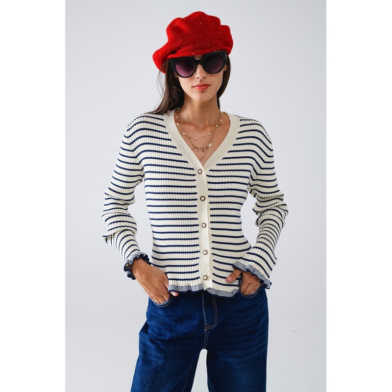 Striped Cardigan In Cream With Ruffle Trim