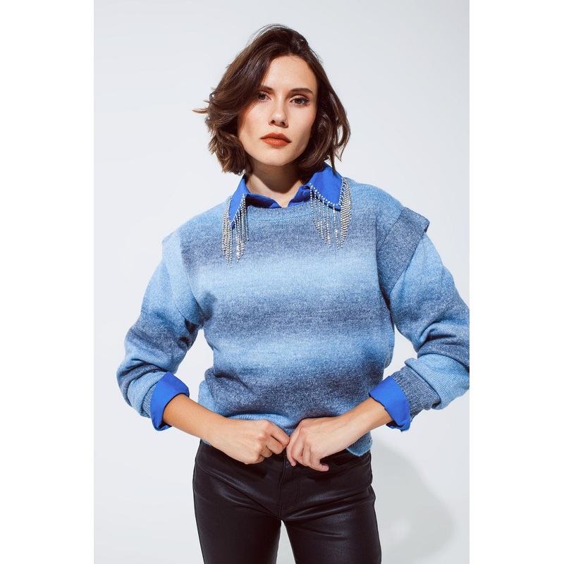Sweater In Ombre Design Blue With Round Neck And Sleeve Details