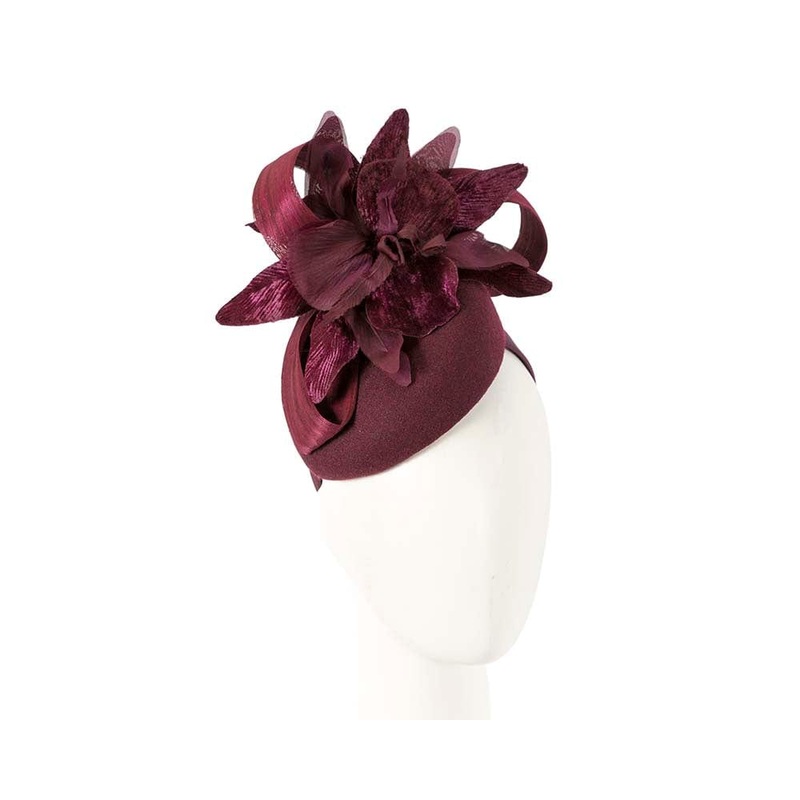 Tall burgundy wine winter racing pillbox fascinator by Fillies Collection