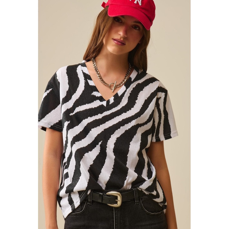 V-Neck T-Shirt With Black Zebra Print
