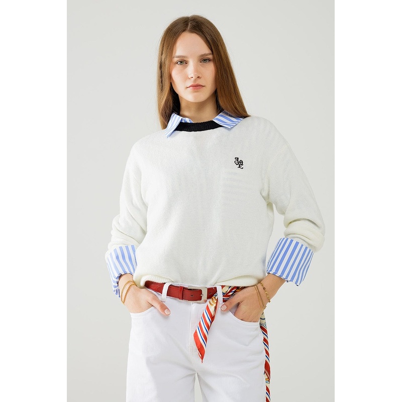 White Sweater With Contrasting Collar And Love Logo On Chest