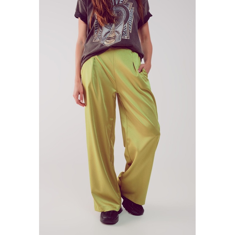 Wide Leg Satin Pants In Acid Lime