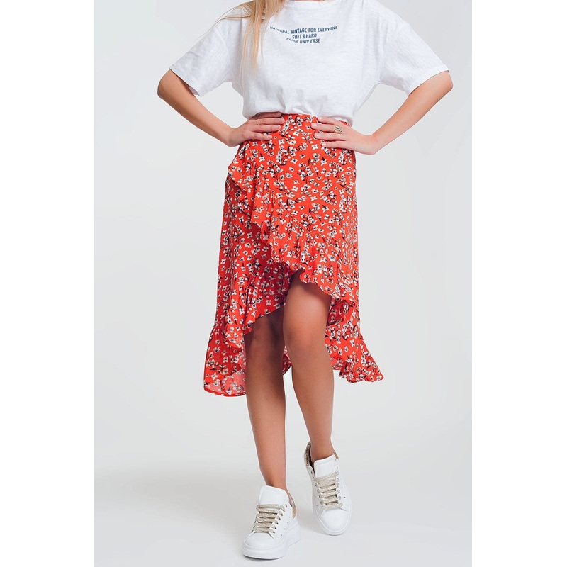 Asymetric Wrap Printed Red Skirt