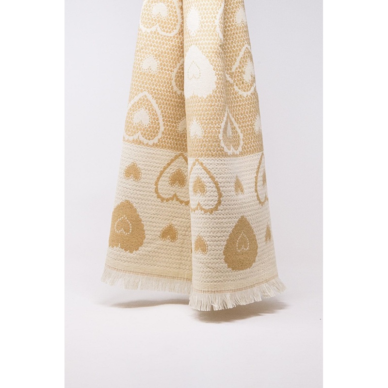 Beige Scarf With Heart Print And Golden Thread Detail