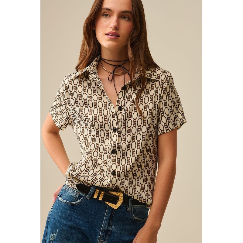 Beige Short-Sleeved Chain Print Polo Shirt