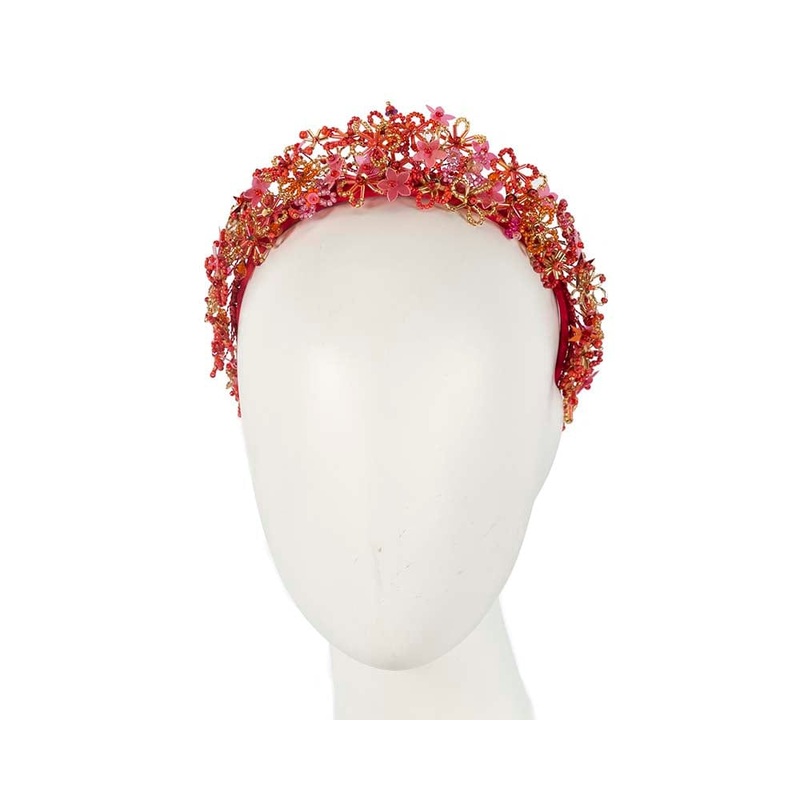 Bespoke red designers fascinator headband by Cupids Millinery