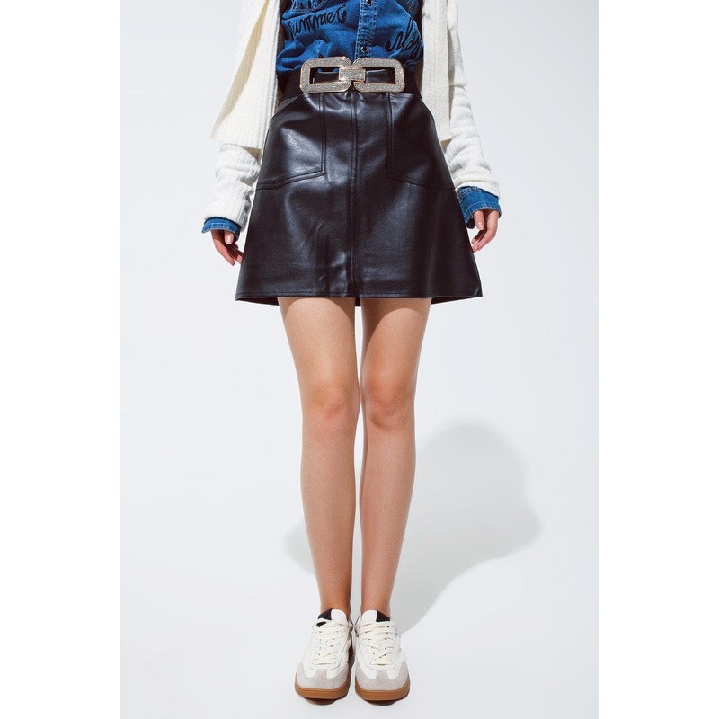 Black Leatherette Mini Skirt With Pockets