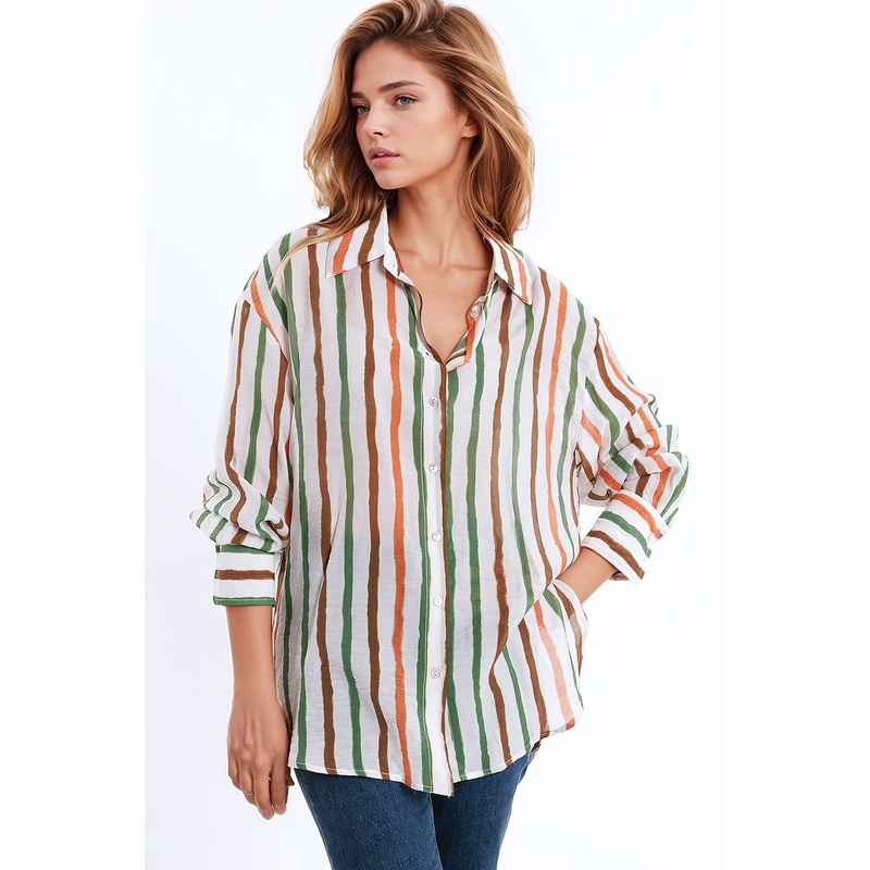 Chiffon Long Sleeve Shirt With Multicolor Stripes Green And Brown