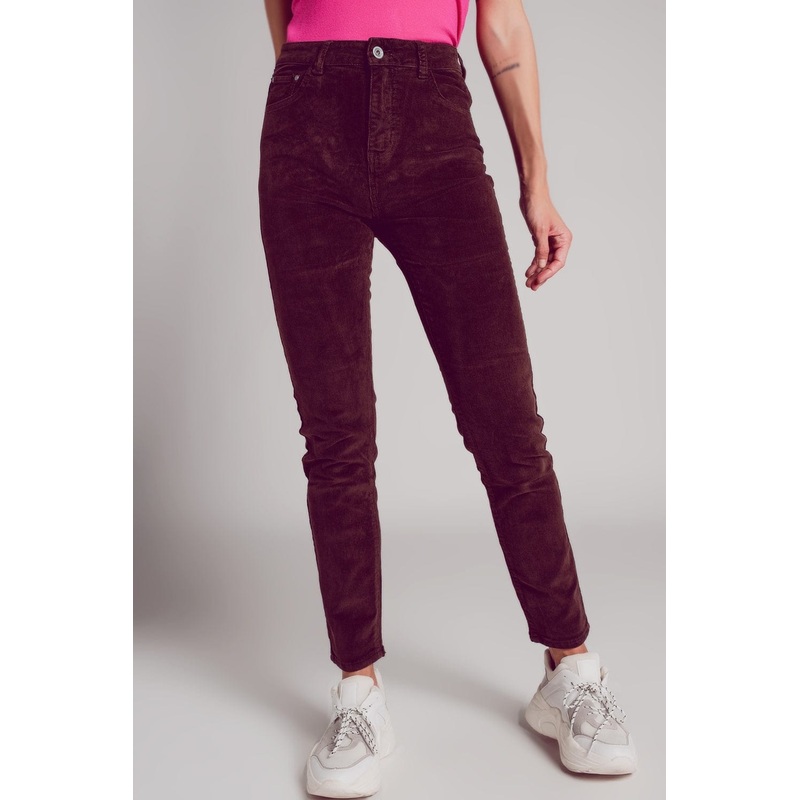 Cotton Skinny Cord Pants In Chocolate Brown